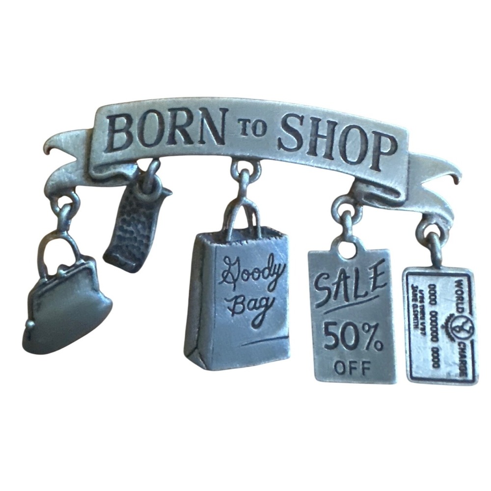 Vintage JJ Jonette Jewelry Born‎ to Shop Pewter Brooch Novelty Charms Pin Silver